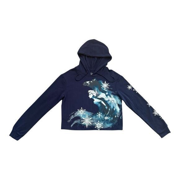 Disney Frozen II Elsa Crop Hoodie Size M Excellent Condition Blue Snowflakes - Picture 1 of 5